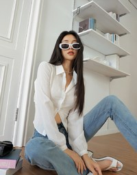Back Hollow Tie Ribbon Sheer Blouse Shirt
