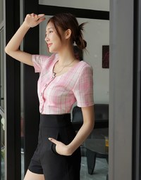 Classic Tweed Checkered Buttoned Top