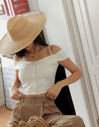Off-Neck Thin Strap Button-Up Top