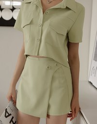 Lapel Round Button Crop Top