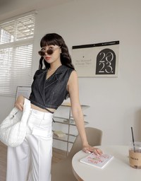 Lapel Collar Denim Jeans Tie-Back Strap Top