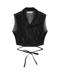 Lapel Collar Denim Jeans Tie-Back Strap Top