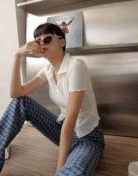 Wrinkled V Neck Short Sleeve Top