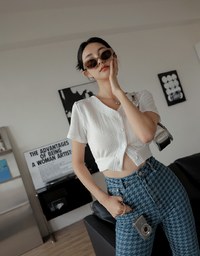 V Neck Back Cut Out Buttoned Top