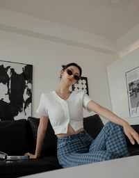 V Neck Back Cut Out Buttoned Top