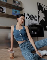 Square Neck Button Denim Jeans Tank Top