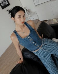 Square Neck Button Denim Jeans Tank Top