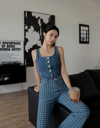 Square Neck Button Denim Jeans Tank Top
