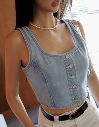 Square Neck Button Denim Jeans Tank Top