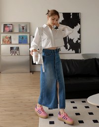 Simple Crop Long Sleeve Blouse Shirt