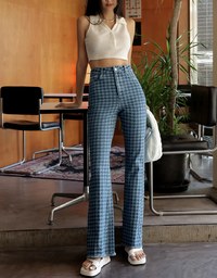 Houndstooth Distressed Hem Denim Jeans Pants