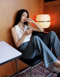 Houndstooth Distressed Hem Denim Jeans Pants