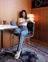 Houndstooth Distressed Hem Denim Jeans Pants