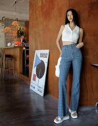 Houndstooth Distressed Hem Denim Jeans Pants