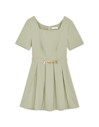 Square Neck Pleated Mini Dress (With Belt)