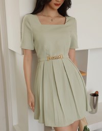 Square Neck Pleated Mini Dress (With Belt)