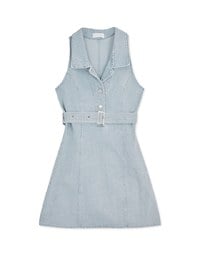 Open Collar Denim Jeans Vest Mini Dress (With Belt)