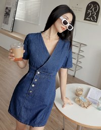 V Neck Denim Jeans Flare Mini Dress