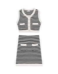 Striped Double Pocket Vest And Skirt Set