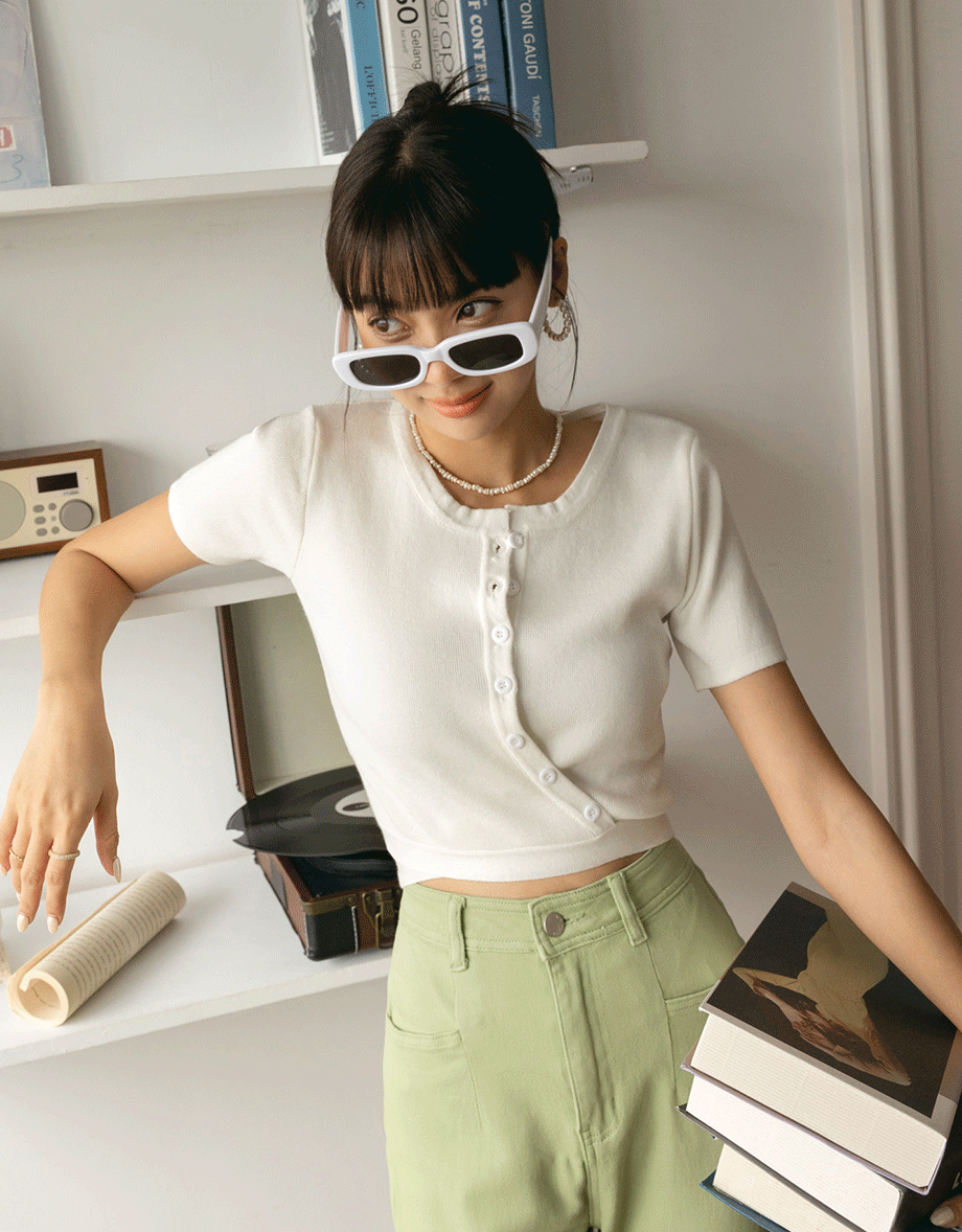 Diagonal Button Knit Tie Back Top