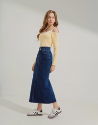 【Den!m LITE】Perfect Waistline Midi Skirt Extra High Waisted Denim Jeans Maxi Long Skirt With Slits