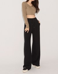 Drawstring Cotton Pleated Long Pants