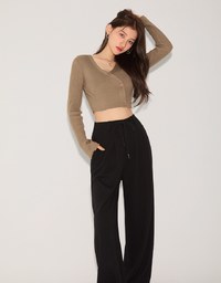 Drawstring Cotton Pleated Long Pants