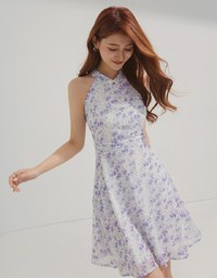 Qipao DRESS Halter Neck Printed Floral Chiffon Modern Cheongsam Qipao Dress ( Elastic Waistline)