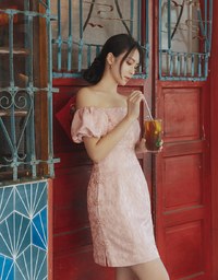 【Elecher's Design】Qipao DRESS 2WAY Embossed Off Shoulder Puff Sleeves Short Cheongsam Dress (with padding)