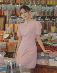 【Elecher's Design】Qipao DRESS Satin Chinese Button Puffy Sleeve Short Cheongsam