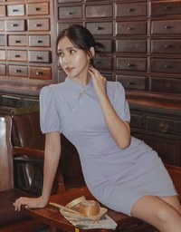 【Elecher's Design】Qipao DRESS Satin Chinese Button Puffy Sleeve Short Cheongsam