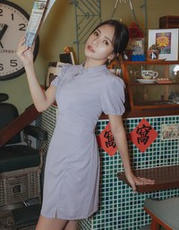 【Elecher's Design】Qipao DRESS Satin Chinese Button Puffy Sleeve Short Cheongsam