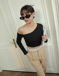Sloping Shoulder Smooth Long Sleeve Top (With Padding)