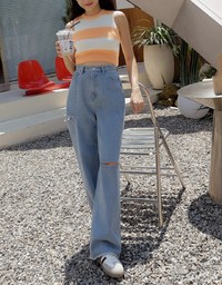 Sexy Side Cut Denim Jeans Wide Pants