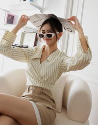 Striped Lapel Straped Long Sleeve Blouse Shirt
