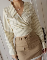 Striped Lapel Straped Long Sleeve Blouse Shirt