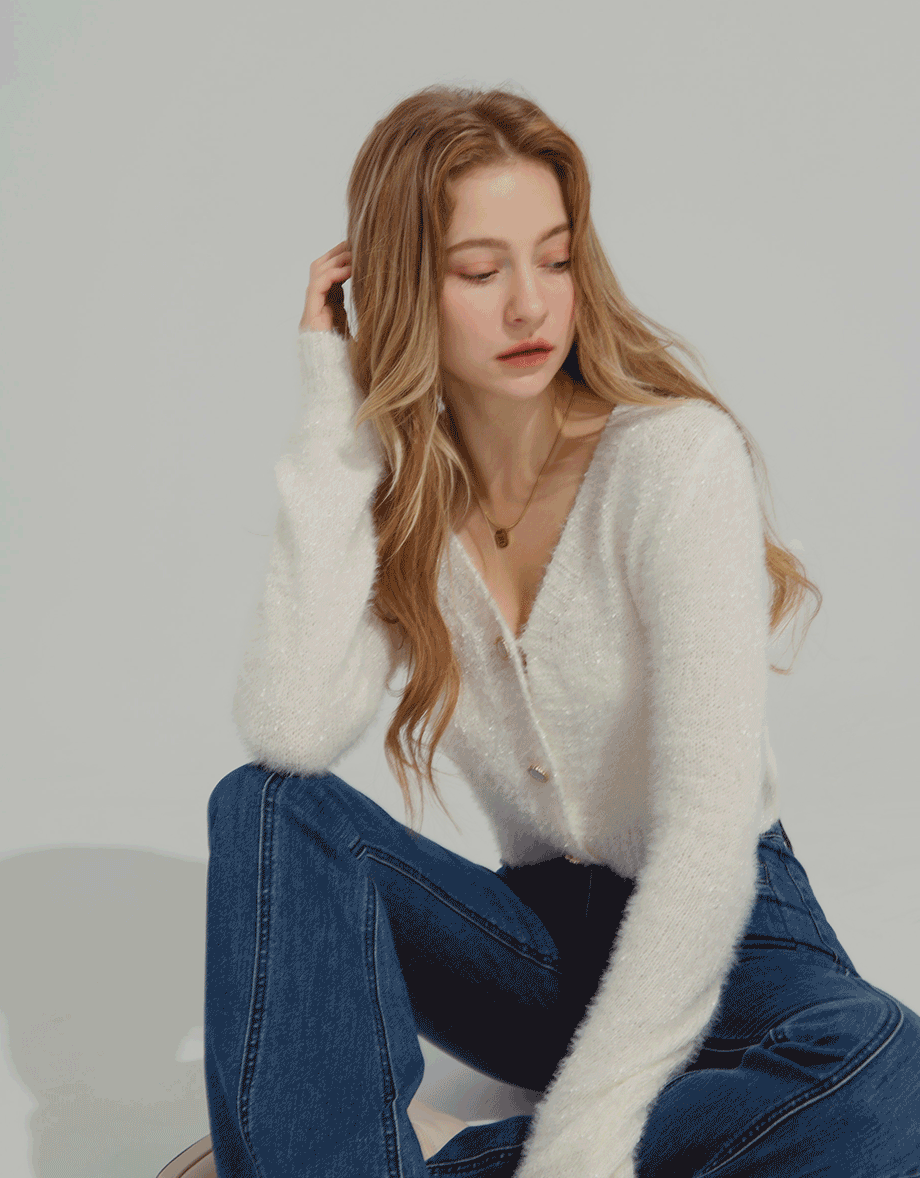 Pearl Button Fluffy Velvet Knit Top Cardigan