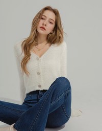 Pearl Button Fluffy Velvet Knit Top Cardigan