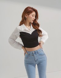 Lapel Collar Splice Long Sleeved Top