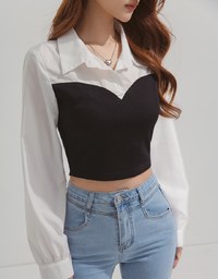 Lapel Collar Splice Long Sleeved Top