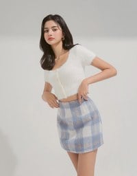 Plush Large Plaid Slit Skirt