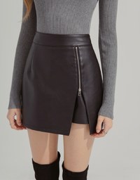Casual Faux Leather Zipper Slit Mini Skirt