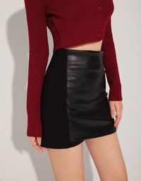 Mixed Material Splice Faux Leather Skirts