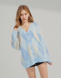 Vintage Preppy Style Argyle Oversized Knit Top Cardigan