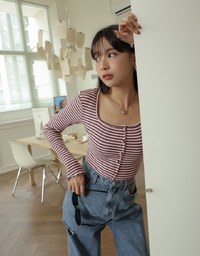 Striped Square Neck Top (With Shoulder Pads)