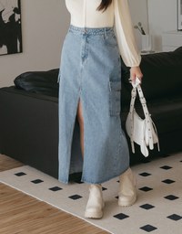 Cargo Style Front Slit Denim Jeans Maxi Skirt