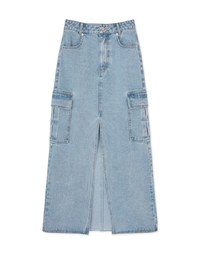 Cargo Style Front Slit Denim Jeans Maxi Skirt