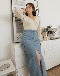 Cargo Style Front Slit Denim Jeans Maxi Skirt