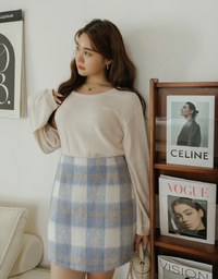 Plush Large Plaid Slit Skirt