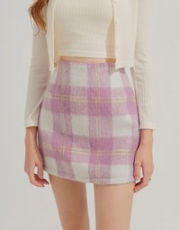 Plush Large Plaid Slit Skirt